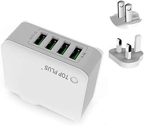 USB Charger Plug,TOP PLUS 4-Port USB Wall Charger with US UK International Travel Adapter Series- 4.4A/22W for Apple iPhone iPad Samsung Smartphone Tablet