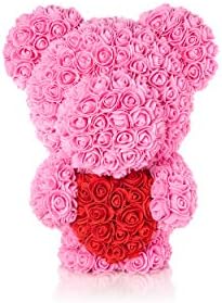 The Forever Rose Teddy Bear for Valentines - Gorgeous 14" Teddy Bear Made with Handmade Roses in Elegant, Fancy Valentine Gift Box (Pink w Red)