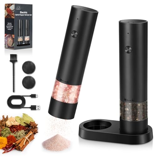 srml Rechargeable Electric Salt and Pepper Grinder Set with 4 Adjustable Coarseness, USB-C Automatic Pepper Mill Spice Grinder with Ceramic Grinding Core, Dust Cover and Base for Home Kitchen BBQ