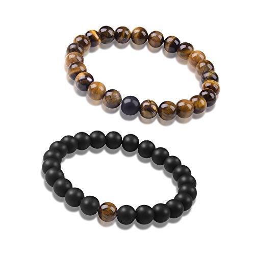 Paxuan Mens Womens 2－4 pcs Natural Gemstone Beaded Distance Bracelets Couples His and Hers Stretch Beads Bracelet Set 8MM (2PCS)