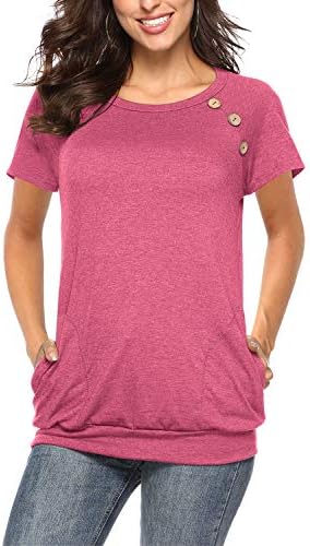 NICIAS Women's Casual Round Neck Pullover Loose Buttons T Shirt Tunic Tops Blouses with Pockets