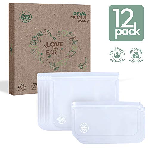 Greenzla Reusable Storage Bags (12-Pack) -FDA Grade PEVA Reusable Ziplock Lunch Bags -EXTRA THICK Freezer Safe Sandwich Bags For Food and Kitchen Organization - BPA FREE Snack Bags - 9 Large & 3 Small