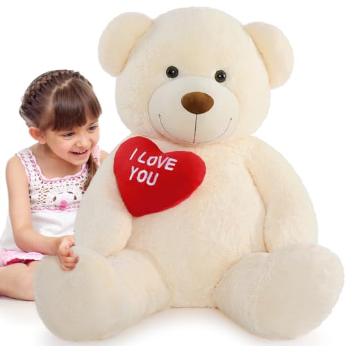 MorisMos 130 cm Giant Plush Bear with I Love You, XXL Ivory Plush Teddy Bear Large Soft Teddy Bear Gift for Baby Girlfriend Her Birthday Decorations