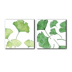 2 Panel Square Watercolor Style Green Ginkgo Leaves...