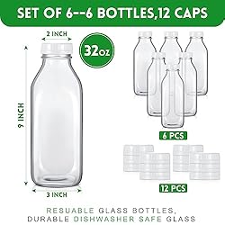 Peryiter 6 Pcs Glass Milk Bottle with Lid Reusable