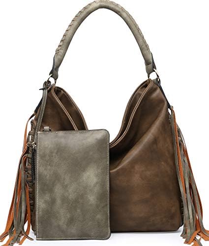 Shomico Womens Shoulder bag Hobo Purse Crossbody Fringe Bags for Ladies Taupe Green Brown Large Big Oversize