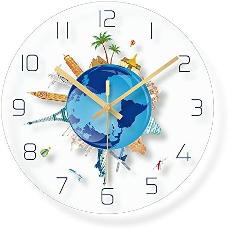 Personality Creative Wall Glass Clock Earth Printed Pattern Non Ticking Battery Operated Round Home Office Clock Décor Ideal for Any Room in Home Dining Room Kitchen Off