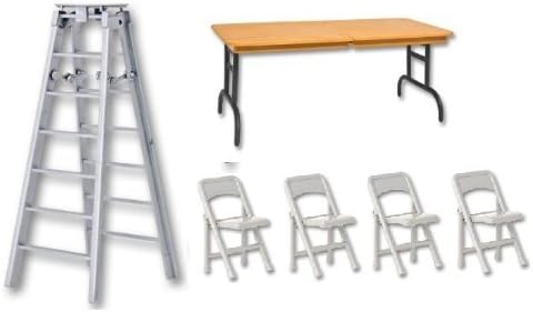 6 Silver Folding Ladder, Brown Wood Effect Breakaway Table &amp; 4 Chairs - Wrestling Figure Accessories (WWE/TNA) by The Wrestling Stall