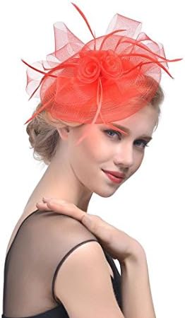 Quistal Womens Feather Flower Mesh Net Sinamay Fascinator Hat with Hair Clip Cocktail Tea Party Derby