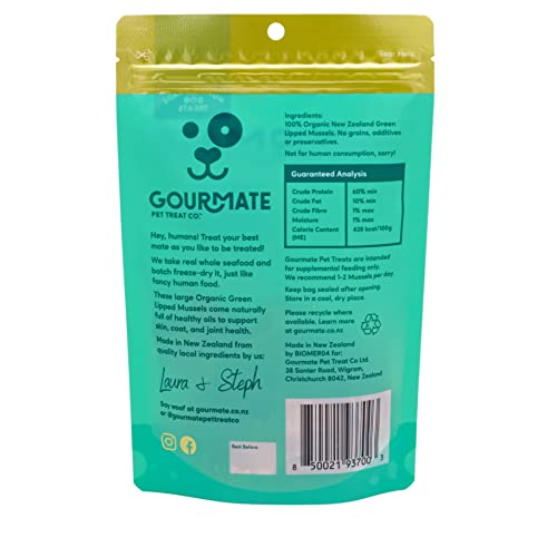 GOURMATE PET TREAT CO. GREEN LIPPED MUSSELS FOR DOGS – HUMAN GRADE DOG TREATS – 100% NATURAL, FREEZE DRIED SNACK WITH OMEGA-3, GLUCOSAMINE & CHONDROITIN FOR HEALTHY COAT & JOINT SUPPORT – 50G/1.76OZ