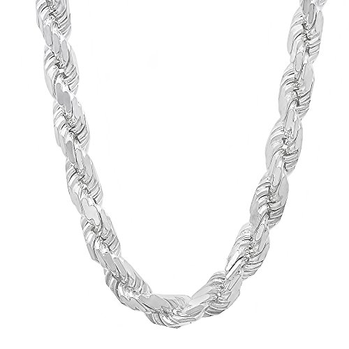 925 Sterling Silver Nickel-Free 7mm Diamond-Cut Rope Link Italian Chain, 24