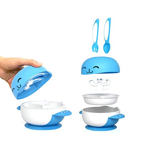 Baby Toddler Training Slip-resistance Sucker Bowl with Lid Spoon Fork Spoon Rest Seperate plate,Infant Spill Proof Feeding Tableware 6 set (Blue)