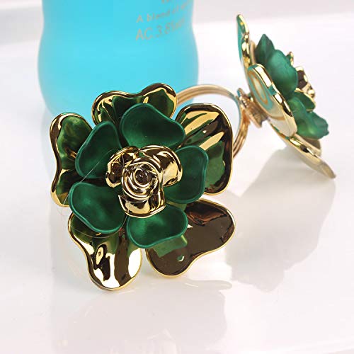 QTKJ Set of 6 Alloy Napkin Rings with Green Flower Napkin Buckle for Christmas, Holidays, Wedding, Parties, Dinners Decor(Gold)