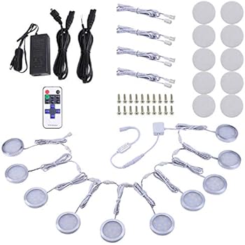 AIBOO Linkable Under Cabinet LED Lighting 12V Dimmable Puck Lights with Wireless RF Remote Control, Hardwired & Wall Plug in for Furniture Cupboard Lighting(10 Lights, Warm White)
