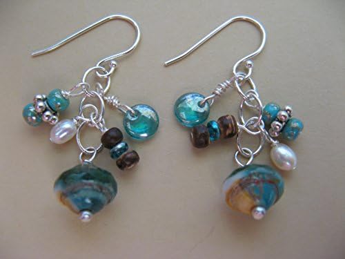 Tropical Blend Aqua Czech Glass Cultured Pearl and Coconut Wood Earrings on Sterling Silver Earring Wires