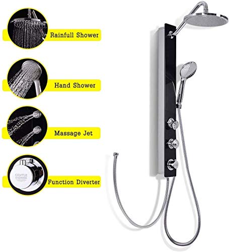 ReunionG, Black Panel, Tempered Glass Set with Rainfall Waterfall Head, Column with Massage Jets and Hand Shower, Easy Assembly