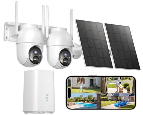 BOOPEX 2K Outdoor Surveillance Camera with Solar Battery, 2 Camera Kit with Base Station, 360° PTZ Wireless Camera with 32G Local Memory, No Charge, AI Detection, Vision