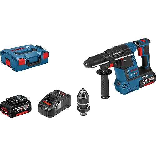 Bosch PRO 18V System Akku Bohrhammer GBH 18V-26 F (inkl. 2x 5.0Ah, GAL 1880 CV, Tiefenanschlag 210mm, Maschinentuch, Zusatzhandgriff, Schnellwechselfutter, L-BOXX)