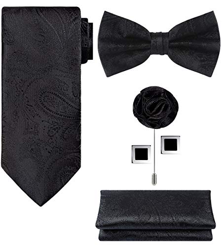 TIE G 5pcs Tie Set in Gift Box : Woven Paisley Necktie, Satin Bow Tie, Pocket Square, Lapel, Cuff Links (Black Paisley)