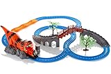 Advanced Play Motorized Kids Classic Railway Toy Train Track Play Set Upper Lower Level Bridge Dinosaur Cartoon Tunnel Sound Effects Flashing Light Kids Toddlers boy Girls
