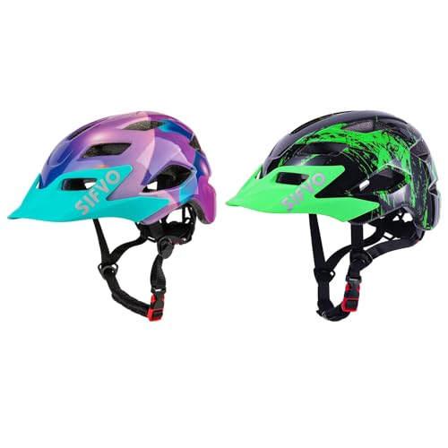 2 Pack Kids Helmet, SIFVO Boys and Girls Bike Helmet with Cool Visor Helmet for Kids 5-14, Adjustable & Lightweight 50-57cm(Purple+Black Green)