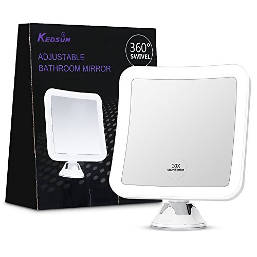 KEDSUM 10X Magnifying LED Lighted Makeup Mirror, 6.3" Wide Travel Mirror with Lights and Strong Suction Cup, 360 Rotation, Compact, Cordless, Battery Operated, Portable Illuminated Bathroom Mirror
