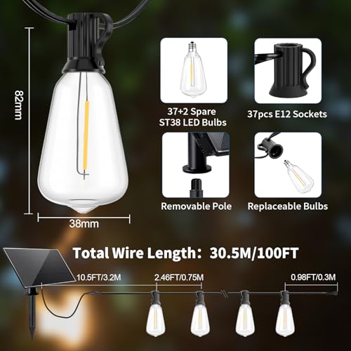 LangPlus+ 30M Solar Festoon Lights Outdoor Waterproof, 37+2 Shatterproof ST38 Edison Bulbs with 3 Lighting Modes, Outside Solar Powered String Lights for Backyard, Patio, Porch, Garden