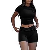AYWA Women's Two Piece Sets Summer Slim Fitted Short Sleeve Tops Foldover Shorts Matching Lounge Sets