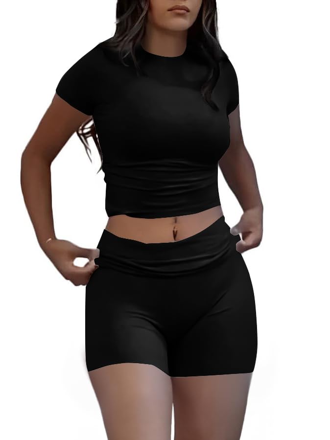 Photo 1 of AYWA Women's Two Piece Sets Summer Slim Fitted Short Sleeve Tops Foldover Shorts Matching Lounge Sets (Black, X-Large)