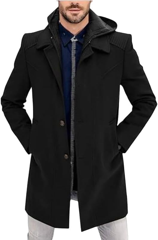 Thatrich Hooded Trench Coat Men Mid Length Winter Coat Lightweight