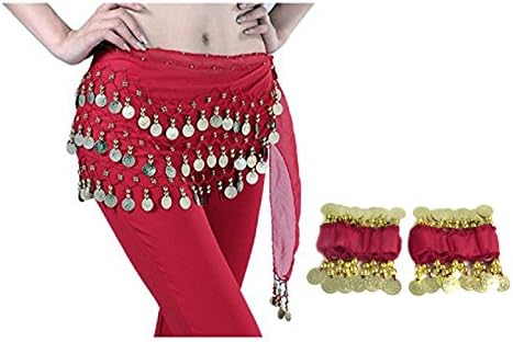 Gold Coins Belly Dance Chiffon Hip Scarf - Dance Belt & Wrist Ankle Cuffs Bracelets