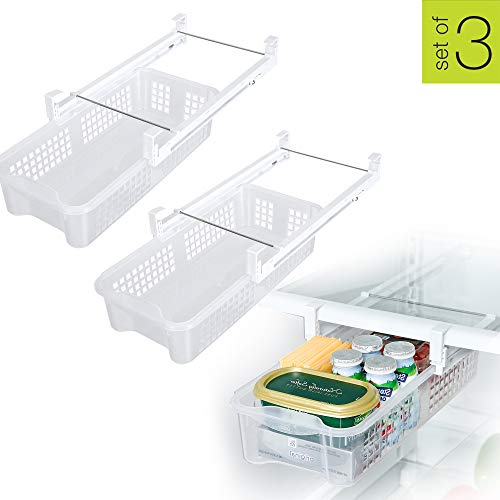 Smart Design Refrigerator Pull Out Bin & Home Organizer w/Extendable Rails & Handle - BPA Free - for Fridges & Freezers Food Storage - Kitchen (Medium) - Set of 3
