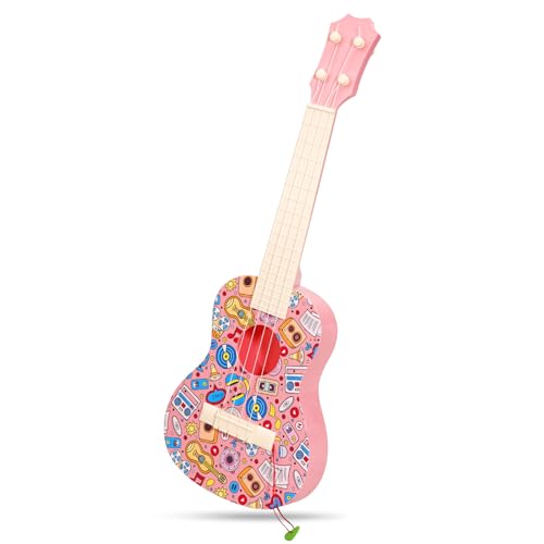 LeeQee 21in Colorful Graffiti Ukulele Guitar for Kids, 4 Strings Musical Instruments Learning Educational Toys with Picks for 3-12 Kids Toddler Boys Girls (Pink)