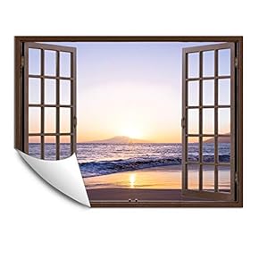 Wall Murals for Bedroom Fake Window Beach Brown Window Removable Wallpaper Peel and Stick Wall Stickers - 24x32 inches