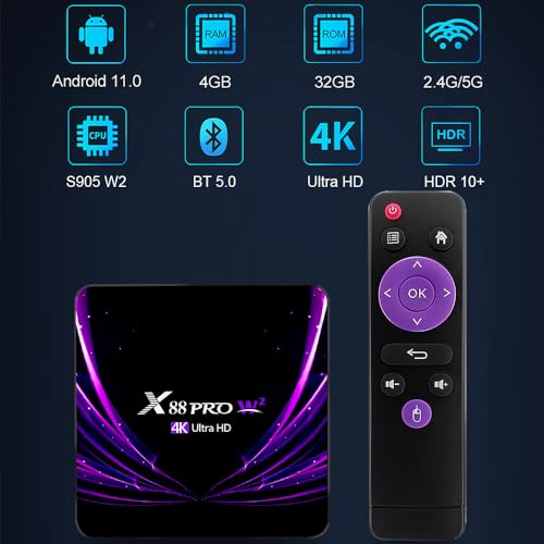 Sidiwen Android TV Box 11.0, Amlogic S905W2 Quad-core Smart TV Box 4GB 32GB 4K Ultra HD Android Box Support BT 5.0, 2.4G/5G WiFi, 10M/100M Ethernet RJ-45
