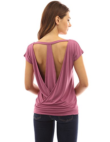 PattyBoutik Women's Cap Sleeve Scoop Neck Backless Top (Moderate Raspberry S)