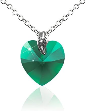 Toko Jewelry Simulated 12 Months Heart Crystal Birthstone Necklace w/Elegant Leaf | Dainty &amp; Minimal (Green/Simulated Emerald/May)