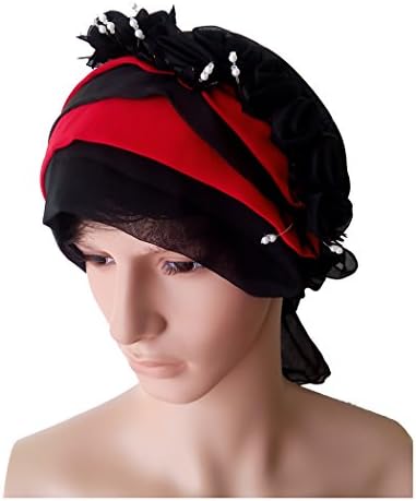 OWM headscarves Fancy Pre Tied Chiffon Flower Turban Head Wrap For Cancer Patients (Black)