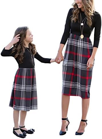 Family Matching Crew Neck Long Sleeve Plaid Dress Mommy and Me High Waist One Piece Stitching Mid-Length Dress