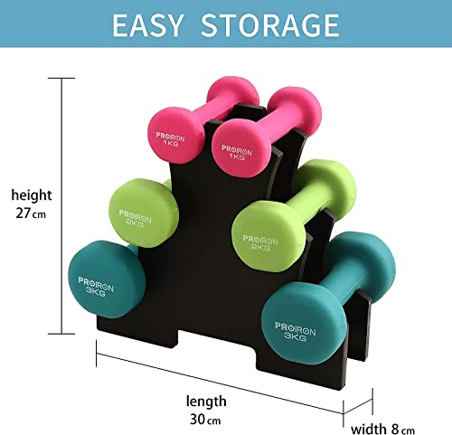 PROIRON Anti-Slip Neoprene Dumbbell Pair 1kg 1.5kg 2kg 3kg 4kg 5kg 6kg 7kg 8kg 10kg and Weights Set (1 kg/2 kg/3 kg Pair with Stand) for Women Men Gym Home Exercise Arm Hand-Macaron Colors