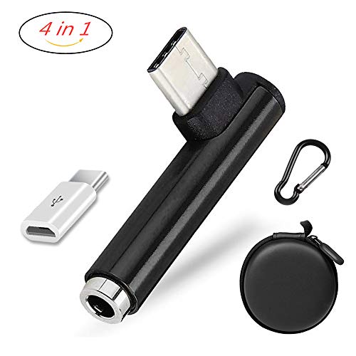 Type C to 3.5mm Audio Adapter, HUIFEN 4 in 1 USB C to 3.5mm Headphone Female Aux Microphone Connector adapter, And Micro USB to USB C Adapter, Compatible with Moto Z, XiaoMi, Huawei,Oneplus 6T (Black)