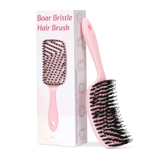 Euqvunn Hair Brush, Boar Bristle Brush with Double Filament Anti-Tangle and Brilliance, Soft Anti-Pull Comb for Thick and Long Hair