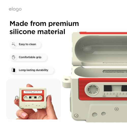 elago Retro Cassette Case Compatible with AirPods Pro 3, with Carabiner, Wireless Charging, Shockproof, Soft Silicone, Visible Front LED (Classic White)