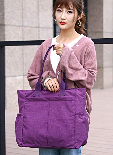 Nylon Water Resistant Multi Pockets Large Lightweight Tote Bag Shoulder Bag for Gym Hiking Picnic Travel Beach Waterproof Tote Bags (Blue Feather HB)