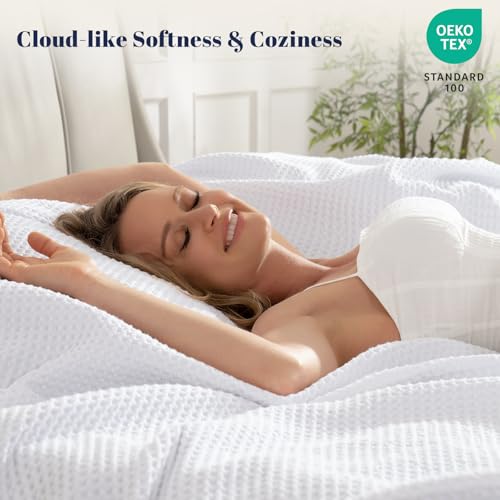 PHF 100% Cotton Waffle Weave Blanket Double Size 150 x 200cm, Pre-Washed Lightweight Breathable Throw Blanket, Oeko-TEX Certified for Bed Sofa, Home Decor, White