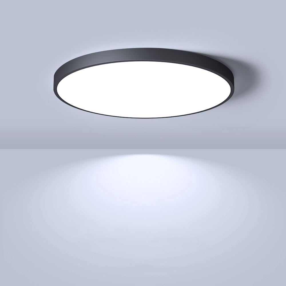 8.9in/23cm 18W LED Flush Mount Ceiling Light, 6000K Cool White Bathroom Light, 1800LM, Black Round Ceiling Lights, 180W Equivalent Ceiling Lamp for Closets, Kitchens, Hallway, Bedrooms, etc.