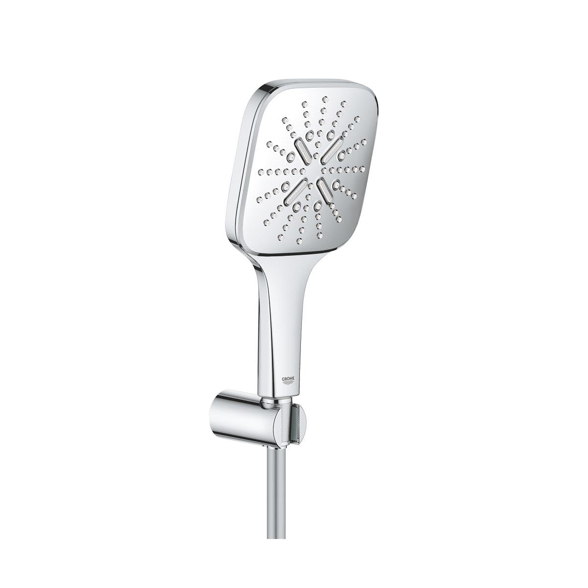 GROHE Rainshower 130 Smartactive Cube Shower Set Water-Saving 3-Spray 130mm Hand Shower with 1500mm Silverflex Hose and Wall Holder Chrome Finish Made in Germany 26589000