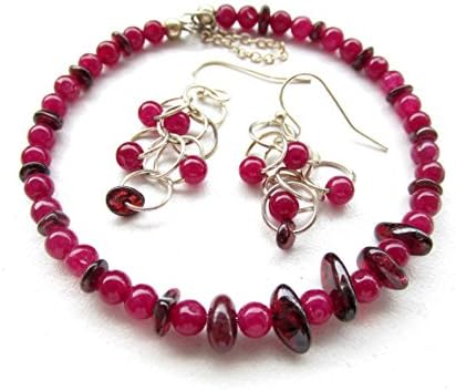 Garnet chips natural rose red Alexandrite bangle bracelet and earrings