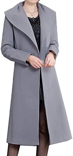QINGYUAN Women's Elegant Belt Wool Coats Long Winter Thich Trenches Grey L