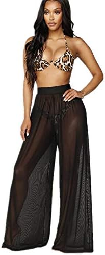 GirlFriendMaterial Chiffon Bikini Cove Up Pants Sheer Palazzo Wide Leg Trousers Ruffle Beach Pool Party Wear Swim Bikinsuit See Through Lingerie High Waist Sarongs